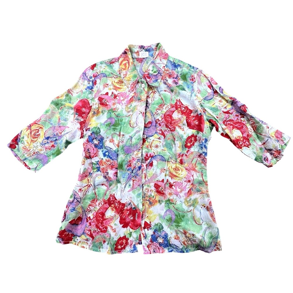JCC Signature Floral Watercolor Button Up Blouse 3/4 Sleeve Sheer Top‎